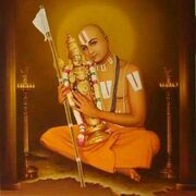 Ramanuja is one of the most important exponents of the Sri Vaishnavism tradition within Hinduism, depicted with Vaishnava Tilaka and Varadraja (Vishnu) statue.[151]