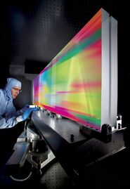 Diffraction grating of the OMEGA EP laser, showing colors reflected from multilayer dielectric coating (MLD)