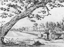 منزل ماكس آيت في شبرا وقاطرتان بخاريتان، مع محراث يصل بينهما حبل سلكي (نظام الآلتين)، رسم ماكس آيت، 1866.