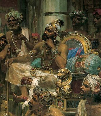 The Samoothiri of Kozhikode (1495–1500) on his throne as painted by Veloso Salgado in 1898