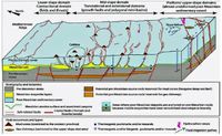 البراكين الطميية النشطة (المثلثات البنية)، مداخن الغاز (الأقراص البنية)، thermogenic pockmarks and mounds offshore Southern Crete. The pre-Messinian source rocks/ reservoir for the mud cones (brown), are highly visible as well as the reservoir/source for the gas chimneys (light brown), are also visible, Loncke et al., 2004.