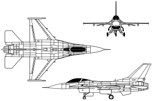 Orthographically projected diagram of the F-16.