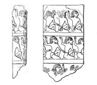 أسطوانة عاجية من هيراكونپوليس منقوش عليها رجال راكعون، (رسم).