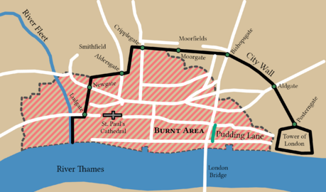 Map showing the extent of the Great Fire of London, which destroyed nearly 80% of the City