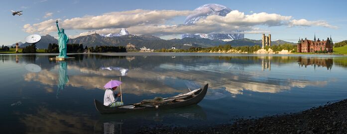 Photomontage of 16 photos which have been digitally manipulated in Photoshop to give the impression that it is a real landscape.