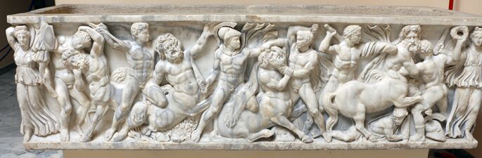 Bas relief from an ancient Roman sarcophagus depicting a Centauromachy