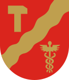 Gules a bend sinister wavy accompanied in chief by a hammer and in base by a caduceus all Or.