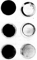 Post-flight appearance of Os, Ag, and Au mirrors from the front (left images) and rear panels of the Space Shuttle. Blackening reveals oxidation due to irradiation by oxygen atoms.[72][73]