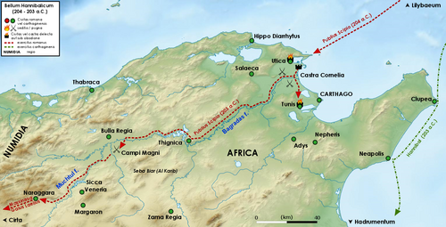 a terrain map of northern Tunisia, with the manoeuvres of Scipio's army in 204–203 BC superimposed on it