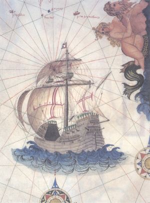 An illustration from an old map which shows a wooden sailing vessel with a square-rigged foresail, a square-rigged main mast with main and topsail, and a lateen sail aft over a very high stern