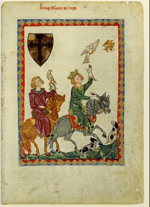 Portrait of children playing with birds, while riding their horses