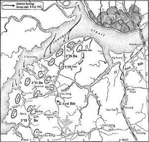 Map, depicting Japanese crossing the Johor straits to land on the Northwest side of Singapore