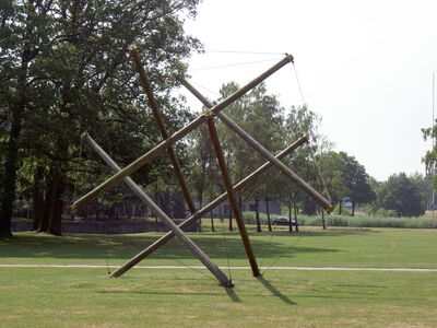 Het Ding (nl), a tensegrity sculpture whose struts and cables form the outline of Jessen's icosahedron, at the University of Twente