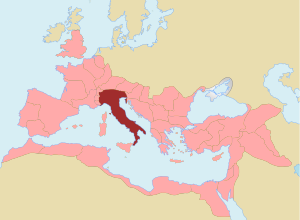 Roman Empire at its greatest extent 117 ADح. 117 AD, with Italy in red and provinces in pink.