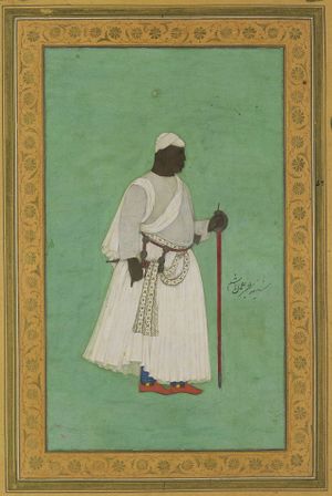 17th-century painting of a man in ceremonial dress with a staff, against a green background