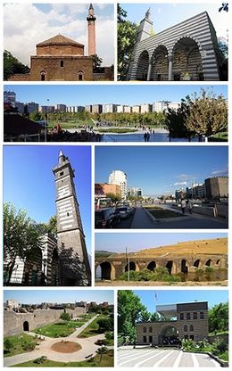 Top left: Ali Pasha Mosque, Top right: Nebi Mosque, 2nd: Seyrangeha Park, 3rd left: Dört Ayakli Minare Mosque, 3rd upper right: Deriyê Çiyê, 3rd lower right: On Gözlü Bridge (or Silvan Bridge), over Tigris River, Bottom left: Diyarbakır City Wall, Bottom right: Gazi Köşkü (Veterans Pavilion)