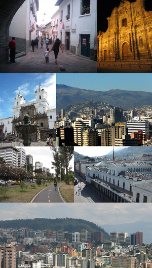مع عقارب الساعة من أعلى: Calle La Ronda, Iglesia de la Compañía de Jesús, El Panecillo كما تبدو من شمال كيتو، Carondelet Palace، وسط-شمال كيتو، Parque La Carolina و Iglesia y Monasterio de San Francisco