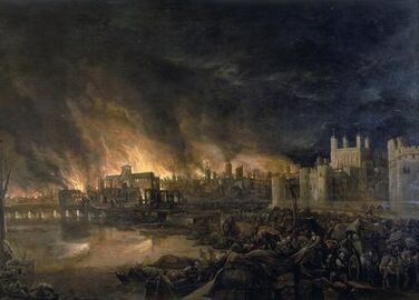 The 1666 Great Fire as depicted in a 17th-century painting: it shows Old London Bridge at left, churches, houses, and the Tower of London at right, as seen from a boat near Tower Wharf