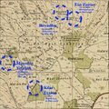 The four kibbutzes of the Gush Etzion at the time of the 1948 war (Kfar Etzion, Ein Zurim, Massuot Yitzhak, Revadim) overlaid on a 1943 Survey of Palestine map