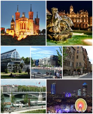 أعلى: Basilica of Notre-Dame de Fourvière, Place des Terreaux مع نافورة بارتولدي ومبنى مدينة ليون في الليل. الوسط: Parc de la Tête d'Or، منطقة الاندماج و Vieux Lyon. أسفل: جسر لافايت، La Part-Dieu وسط البلد مع قصر بلكور في الواجهة أثناء عيد الأنوار.