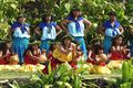 Hula kahiko performance at the pa hula in Hawaii Volcanoes National Park
