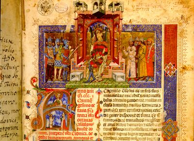 Chronicon Pictum, King Louis I of Hungary, knights, throne, canopy, orb, secpter, Hungarian, Saint Catherine of Alexandria, medieval, chronicle, book, illumination, illustration, history
