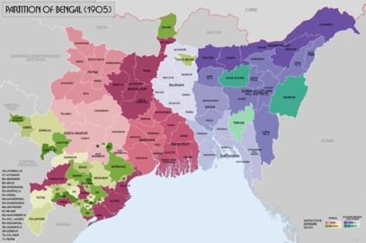 Map showing the result of the partition of Bengal in 1905. The western part (Bengal) gained parts of Orissa, while the eastern part (Eastern Bengal and Assam) regained Assam that had been made a separate province in 1874.