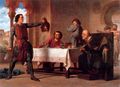 1864 Juan Vicens Cots painting "La Primera hazaña de El Cid" depicts a young Rodrigo Díaz showing his father Diego Laínez the decapitated head of Count Lozano, the father of his future wife Doña Jimena. Count Lozano had previously mocked and slapped elderly Diego Laínez.