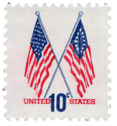 10¢ stamp released in 1973, showing a 50-star flag and a Betsy Ross flag together, to commemorate the United States Bicentennial.[70]