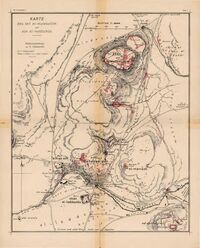 Map of Tel Megiddo and Lajjun in 1905. The village is at the dark knee of the stream