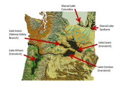 Figure showing topographic maps of Washington and northern Oregon with the lowlands flooded by the Missoula Floods marked.