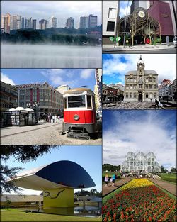 Clockwise from Top: Skyline from Barigui Park; 24 Hours Street; Paço da Liberdade; The Botanical Garden of Curitiba, Oscar Niemeyer Museum; Palace Avenue building.