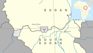 تظهر أبيـِيْ على خريطة السودان باللون الأصفر