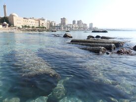 آثار قديمة مغمورة وخلفها أفق مدينة صور الحديثة.