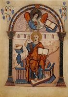 Carolingian Evangelist portrait from the Codex Aureus of Lorsch, using a Late Antique model, late 8th century