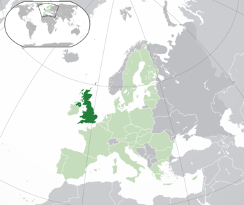 Two islands to the north-west of continental Europe. Highlighted are the larger island and the north-eastern fifth of the smaller island to the west.
