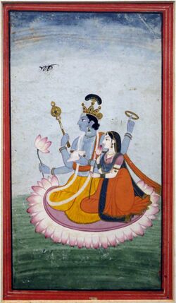 Miniature painting of Vishnu and Lakshmi in the Salar Jung Museum, circa 1810