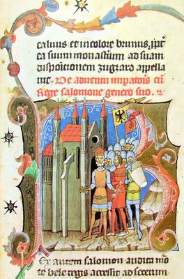 Chronicon Pictum, Hungarian, Hungary, King Solomon, Holy Roman German Emperor Henry IV, cathedral, church, basilica, flag, German eagle flag, Hungarian double cross flag, armored, knights, army, soldiers, medieval, chronicle, book, illumination, illustration, history