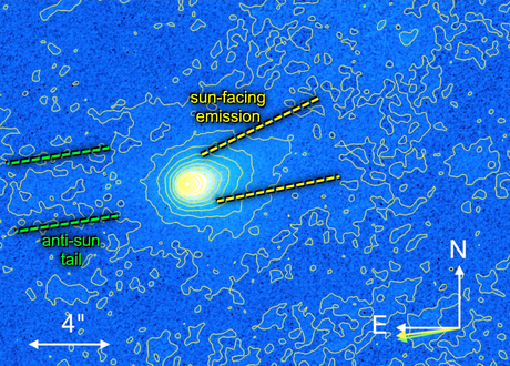 3I/ATLAS imaged by the Hubble Space Telescope on 21 July 2025, showing its Sun-facing plume pointing to the right. The image is contour mapped to highlight faint features, such as the anti-solar tail on the left (east).