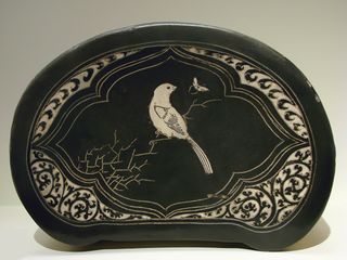 Pillow, sandstone with white and brown slip black, incised decoration, Northern Song dynasty, 12th century