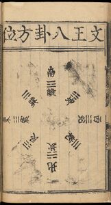 A yellowed bamboo page with the eight trigrams from I Ching stamped by wood block in black ink
