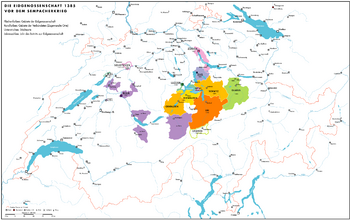 Map of the Confederation of the Eight Cantons shortly before the Battle of Sempach.