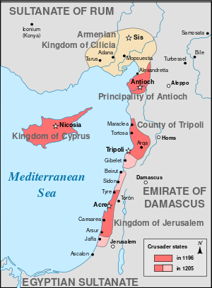 A map showing the polities of the Eastern Mediterranean, and the territorial expansion of the Crusader states between 1197 and 1205