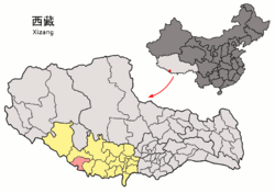 Location of Gyirong County (red) within Xigazê City (yellow) and the Tibet Autonomous Region