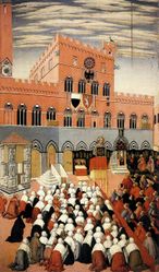 القديس برناردينو يعظ في ميدان سيينا (1445)، سانو دي پييترو