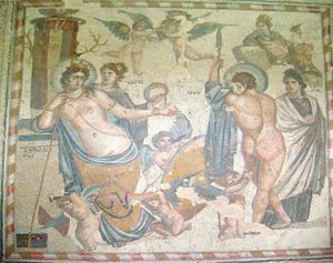 لوحة أفروديت وأوريس - الهة الجمال وتمثل اللوحة نساء وألهة الحب يتنافسون على كسب أسلحة الالهة اوريس واللوحة مزينة بالنقوش والزخارف وجماليات كثيرة تبين الآسطورة.