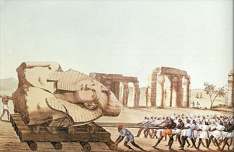 جر التمثال العملاق لرمسيس الثاني، بإمرة بلزوني، في 1816.