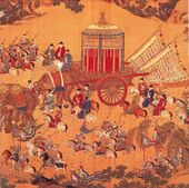 Detail of The Emperor's Approach showing the Wanli Emperor's royal carriage being pulled by elephants and escorted by cavalry (full panoramic painting here)