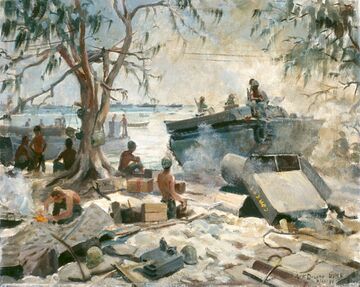 tracked landing vehicle on right, tree on left, in center and right are shirtless soldiers waiting around, ships are in the background.