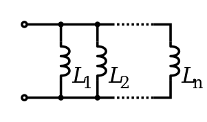 A diagram of several inductors, side by side, both leads of each connected to the same wires